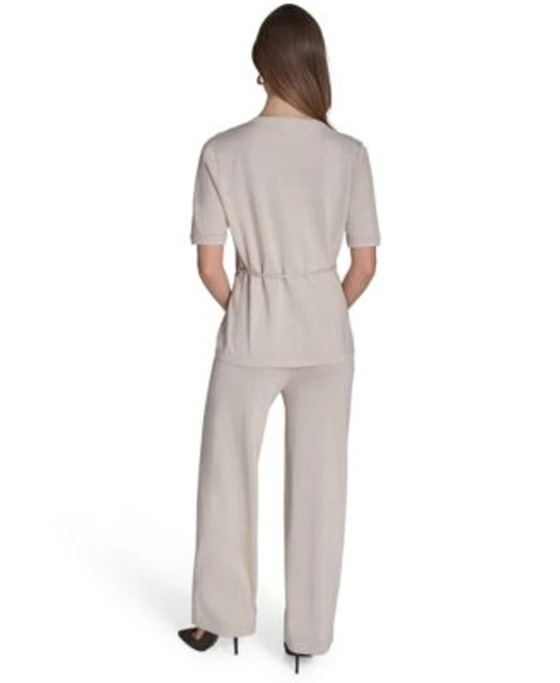 Halston Womens Metallic Tie Waist Round Neck Top High Rise Wide Leg Knit Pants