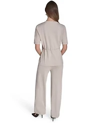 Halston Womens Metallic Tie Waist Round Neck Top High Rise Wide Leg Knit Pants