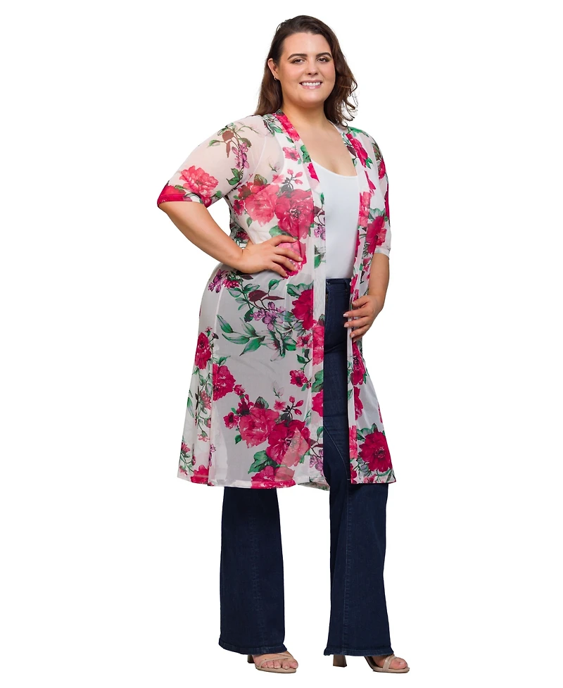 24seven Comfort Apparel Plus Sheer Floral Knee Length Duster Cardigan Sweater