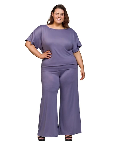 24seven Comfort Apparel Plus Boat Neck Top and Wide Leg Pants Set