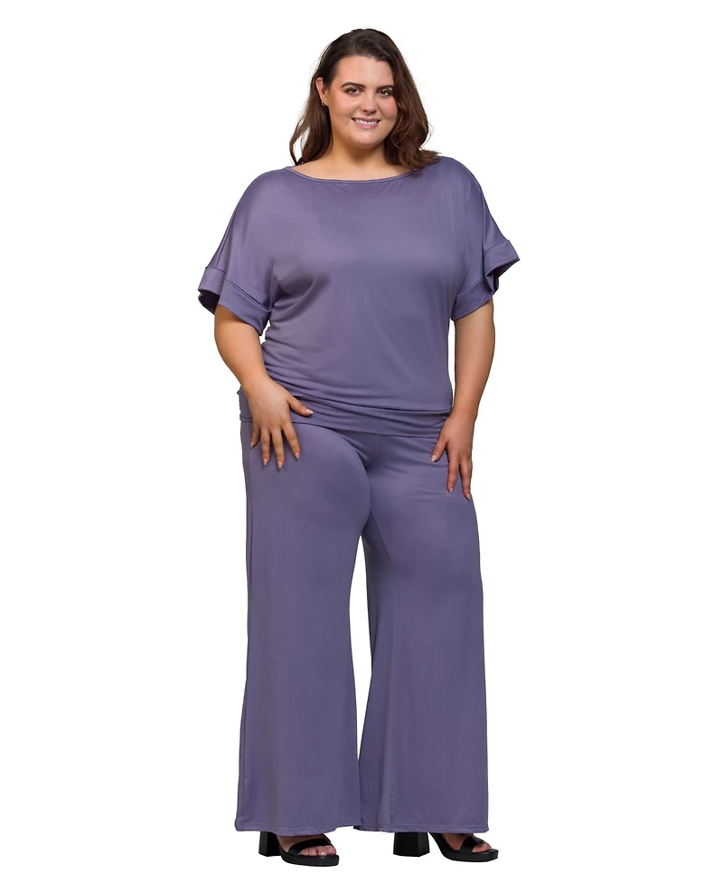 24seven Comfort Apparel Plus Boat Neck Top and Wide Leg Pants Set