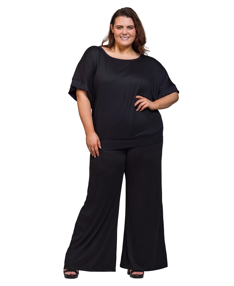 24seven Comfort Apparel Plus Boat Neck Top and Wide Leg Pants Set