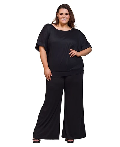 24seven Comfort Apparel Plus Boat Neck Top and Wide Leg Pants Set