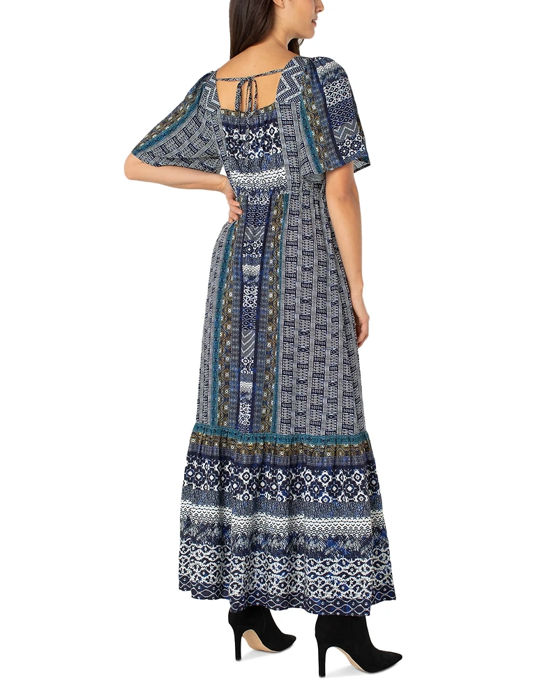Liverpool Los Angeles Women's Square-Neck Elbow-Sleeve Woven Maxi Dress