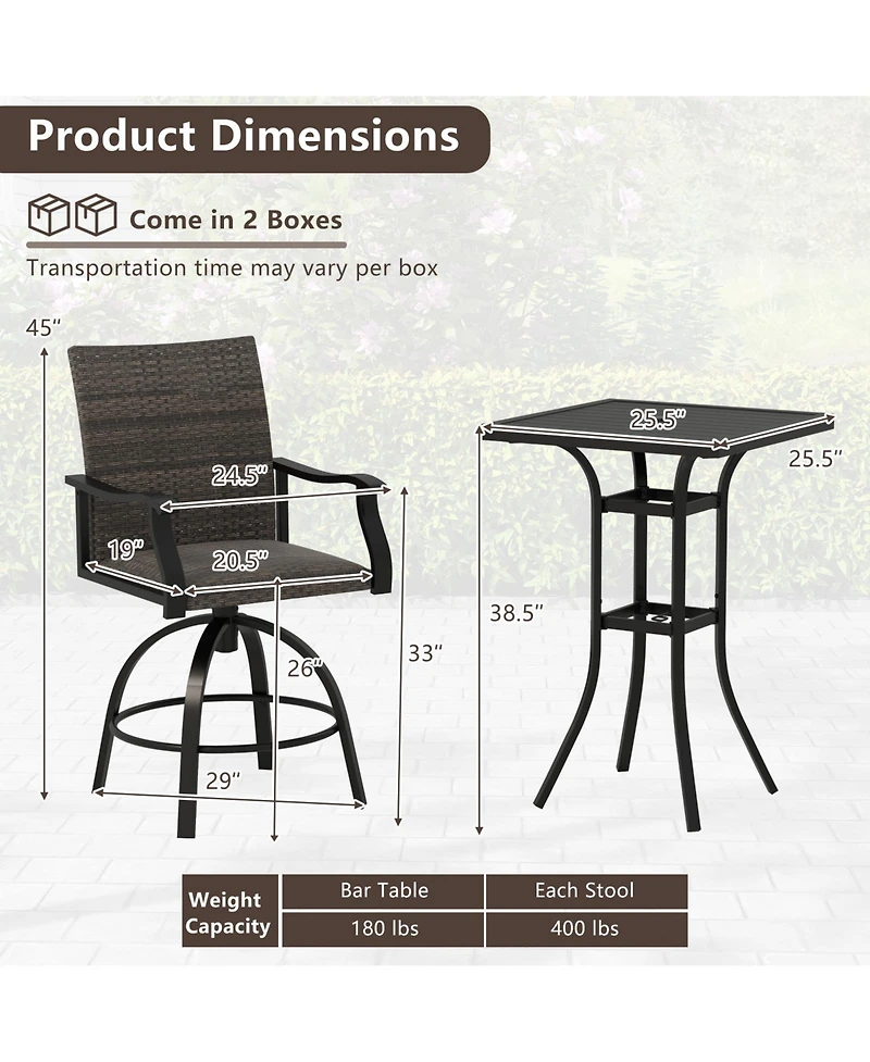 3 Pieces Pe Wicker Patio Swivel Bar Set with Quick-Drying Foam