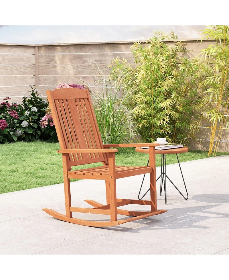 Outdoor Rocking Chair with High Back and Slatted Seat for Comfortable and Classic Patio Relaxation
