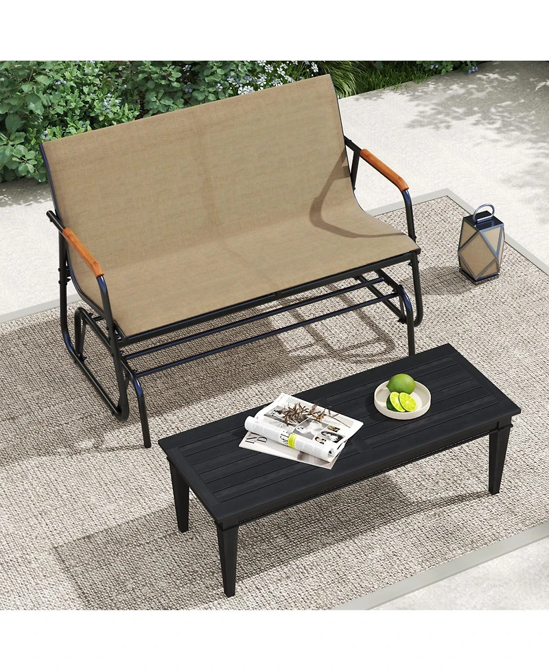 Slickblue Patio Glider Bench with Curved Teak Armrests and Breathable Fabric Seat for 2 People