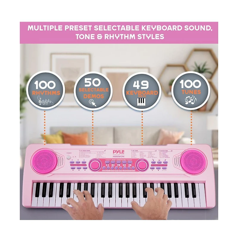 Pyle Kids Pink 49-Key Light-Up Karaoke Piano Keyboard with Mic - PKBRD4912PK