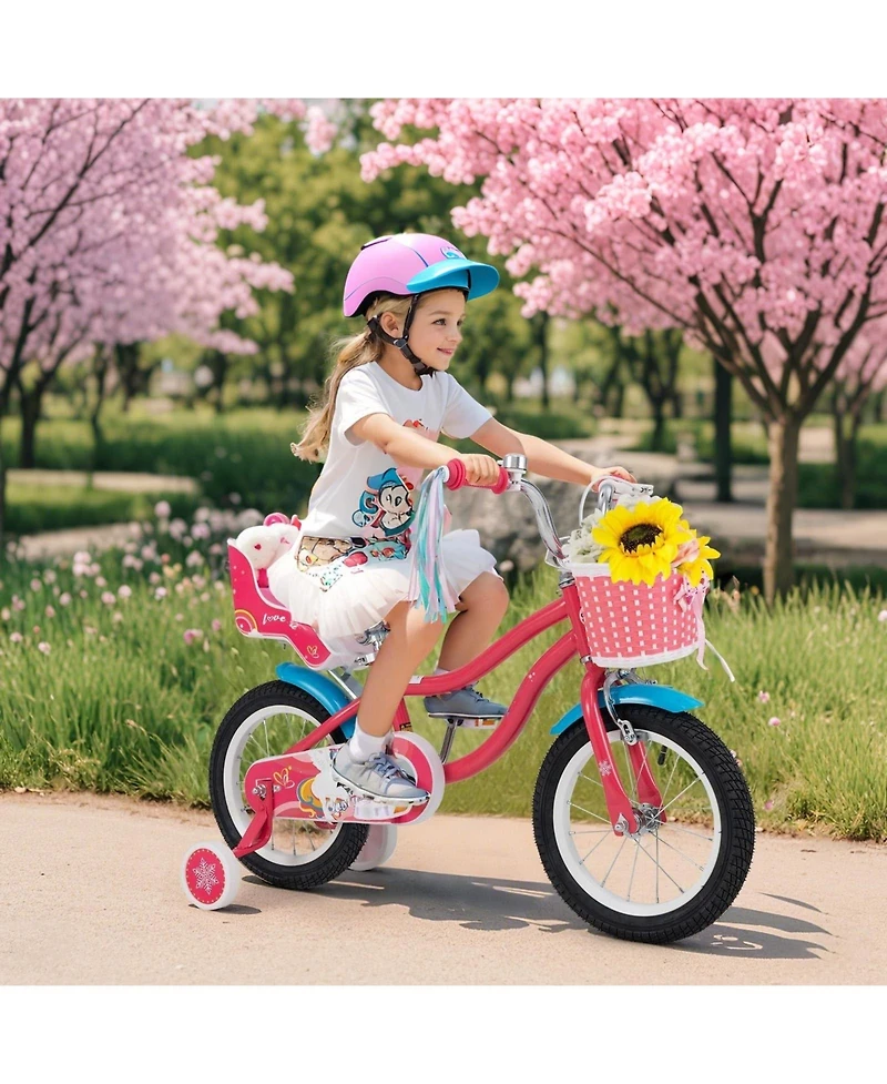 14 Inch Girls Bike for 3-8 Years Old Kids Bike with Doll Seat and Training Wheels