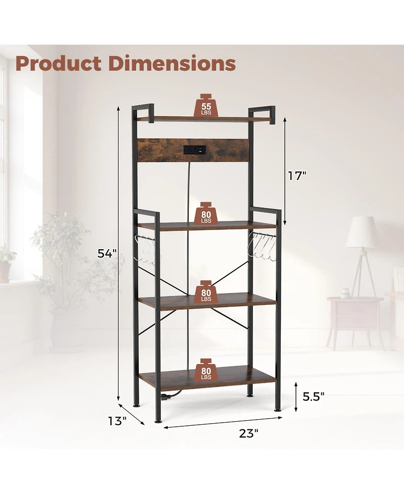 4-Tier Kitchen Bakers Rack with Power Outlet and 8 Hooks