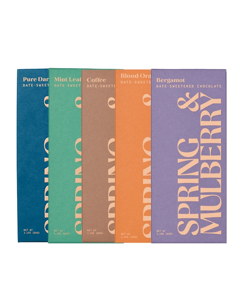 Spring & Mulberry Essence Collection 5-Pack Date-Sweetened Dark Chocolate Bar Gift Set