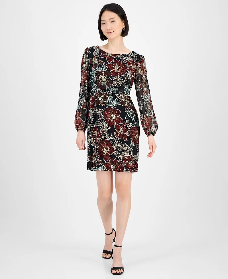 Connected Petite Floral Long-Sleeve Sheath Dress