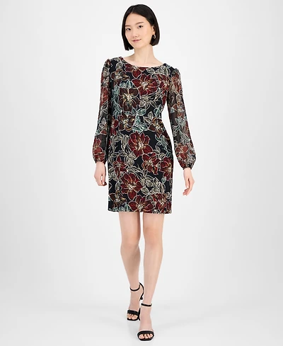 Connected Petite Floral Long-Sleeve Sheath Dress