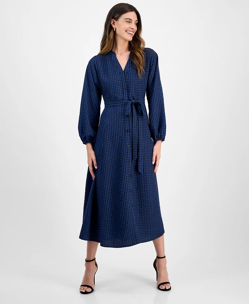 Robbie Bee Women's Gingham-Print Belted Shirtdress