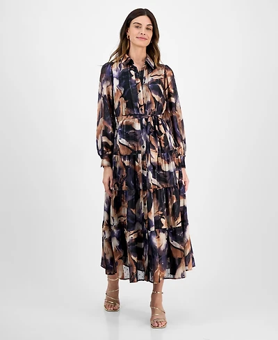 Robbie Bee Women's Tiered Floral-Print Shirtdress