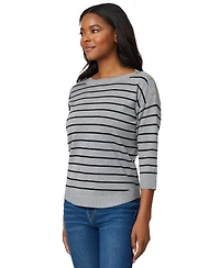 Melissa Paige Women's Striped Button-Shoulder Boatneck 3/4-Sleeve Sweater