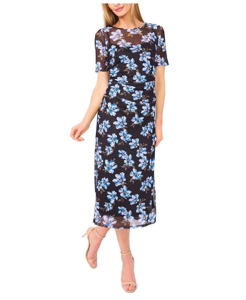 CeCe Women's Short Sleeve Ruched Side Mesh Crew Neck Midi Dress