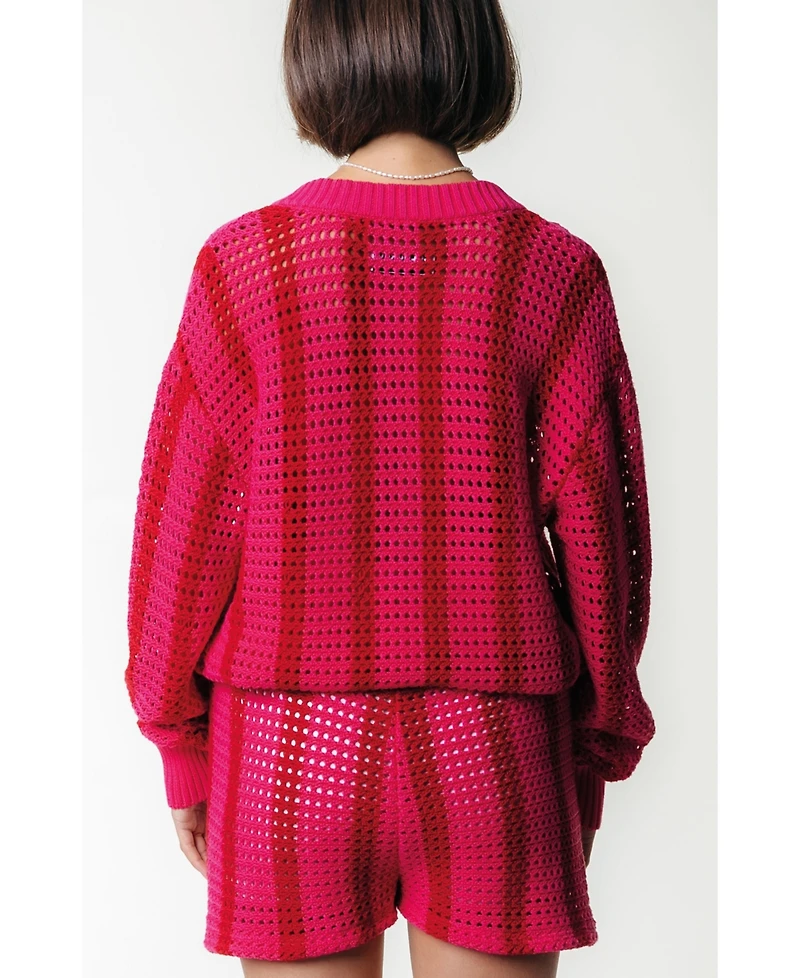 Colourful Rebel Women's Lizza Crochet Stripe V-Neck Sweater