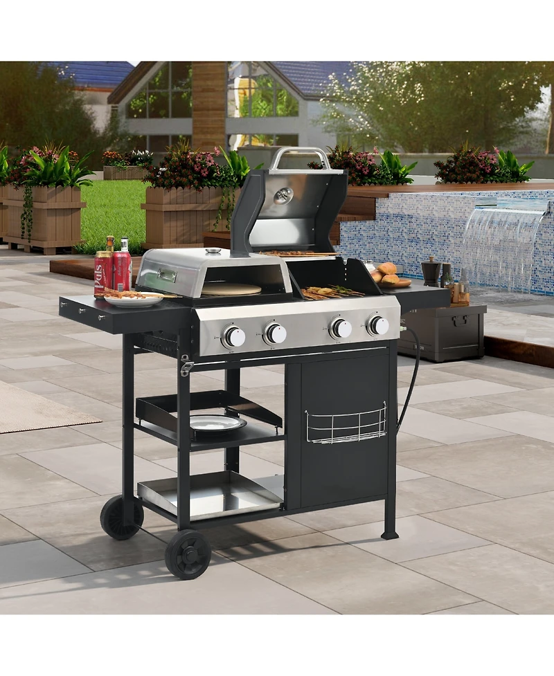 Stainless Steel 4-Burner 49200 Btu Propane Gas Barbecue Grill with Lid, 4 Wheels