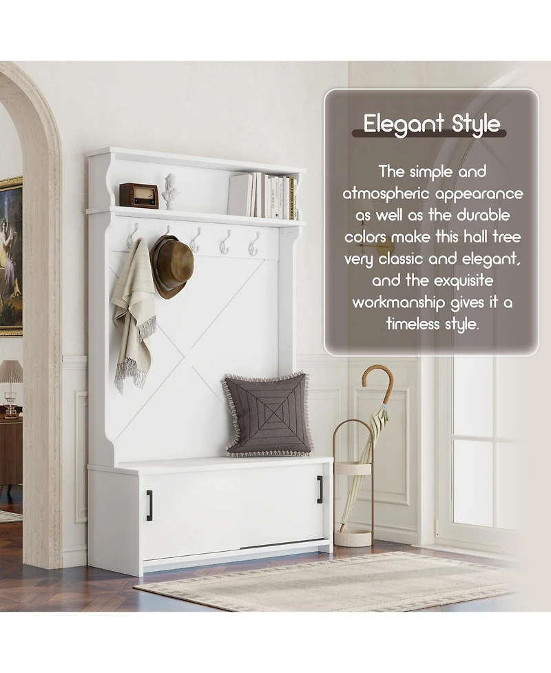 Boyel Living Hall Tree with Top Shelf and Storage Bench, Hallway Shoe Cabinet with Sliding Doors, Coat Rack with 5 Hanging Hooks for Entryways Hallway