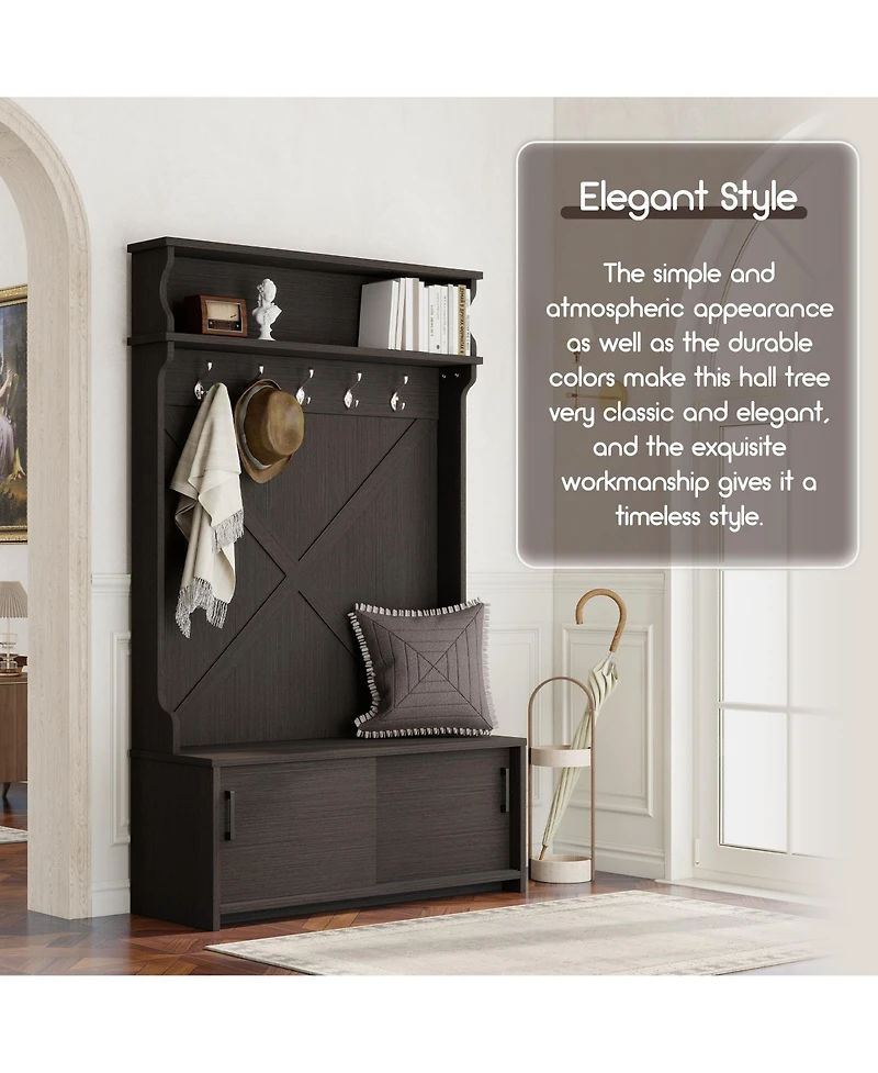 Boyel Living Hall Tree with Top Shelf and Storage Bench, Hallway Shoe Cabinet Sliding Doors, Coat Rack 5 Hanging Hooks for Entryways