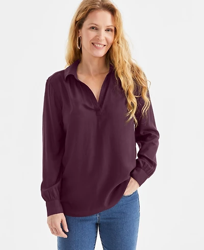 Style & Co Petite Johnny-Collar Long-Sleeve Top, Exclusively at Macy's