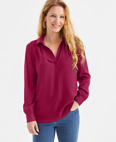 Style & Co Petite Johnny-Collar Long-Sleeve Top, Exclusively at Macy's