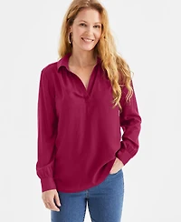 Style & Co Petite Johnny-Collar Long-Sleeve Top, Exclusively at Macy's