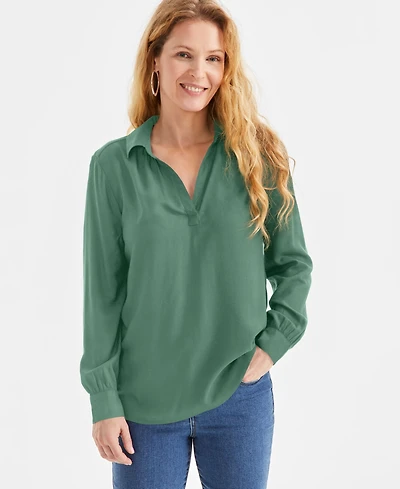 Style & Co Petite Johnny-Collar Long-Sleeve Top, Exclusively at Macy's
