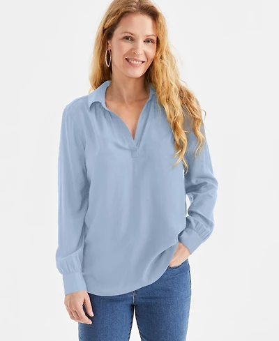 Style & Co Petite Johnny-Collar Long-Sleeve Top, Exclusively at Macy's