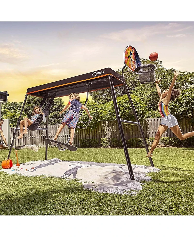 Vuly Trampolines Basketball Set Attachment with Backboard, Netted Hoop, Mini Basketball, and Hand Air Pump Compatible with Trampolines and Swing Sets