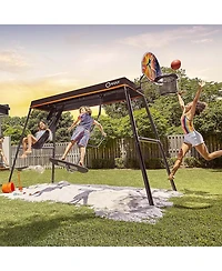 Vuly Trampolines Basketball Set Attachment with Backboard, Netted Hoop, Mini Basketball, and Hand Air Pump Compatible with Trampolines and Swing Sets