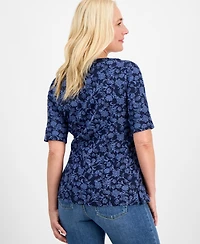 Style & Co Women's Printed Boat-Neck Elbow-Sleeve Top