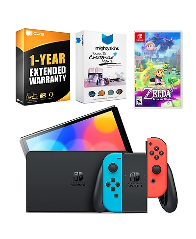 Nintendo Switch Neon Red & Blue Oled Console with The Legend Of Zelda: Echoes Of Wisdom, MightySkins Console and Controller Skin Voucher, and 1 Year C