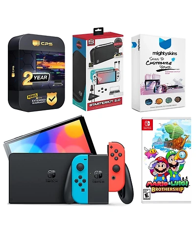 Nintendo Switch Neon Oled with Mario & Luigi: Brothership, Gaming Kit, MightySkins Voucher and 2 Year Cps Extended Warranty
