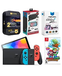Nintendo Switch Neon Oled with Mario & Luigi: Brothership, Gaming Kit, MightySkins Voucher and 2 Year Cps Extended Warranty