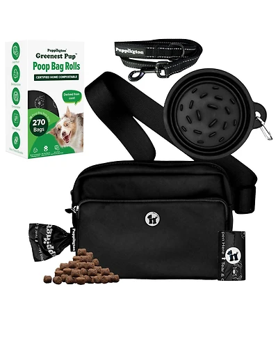 Puppington Walk Star Kit: 3-in-1 Dog Walk Bag, Bowl, & Leash plus Matching 270 Refill Dog Poop Bags