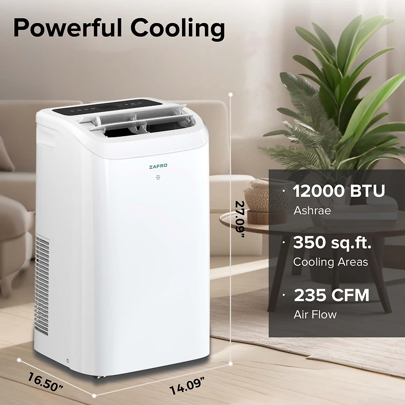Zafro 12,000 Btu Portable Air Conditioner, Quiet 44dB, Fast Cooling, WiFi Control, Dehumidifier, Fan, 24H Timer, Easy Setup for Home/Office