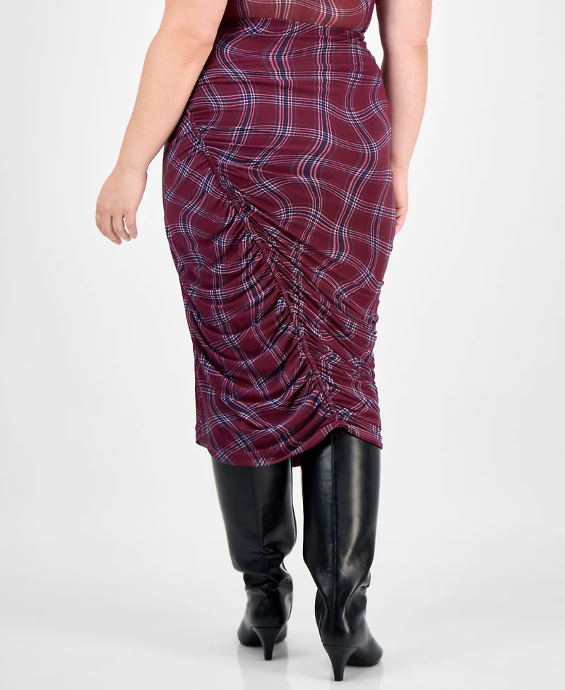 Bar Iii Trendy Plus Plaid Asymmetric-Ruching Midi Skirt, Macy's Exclusive