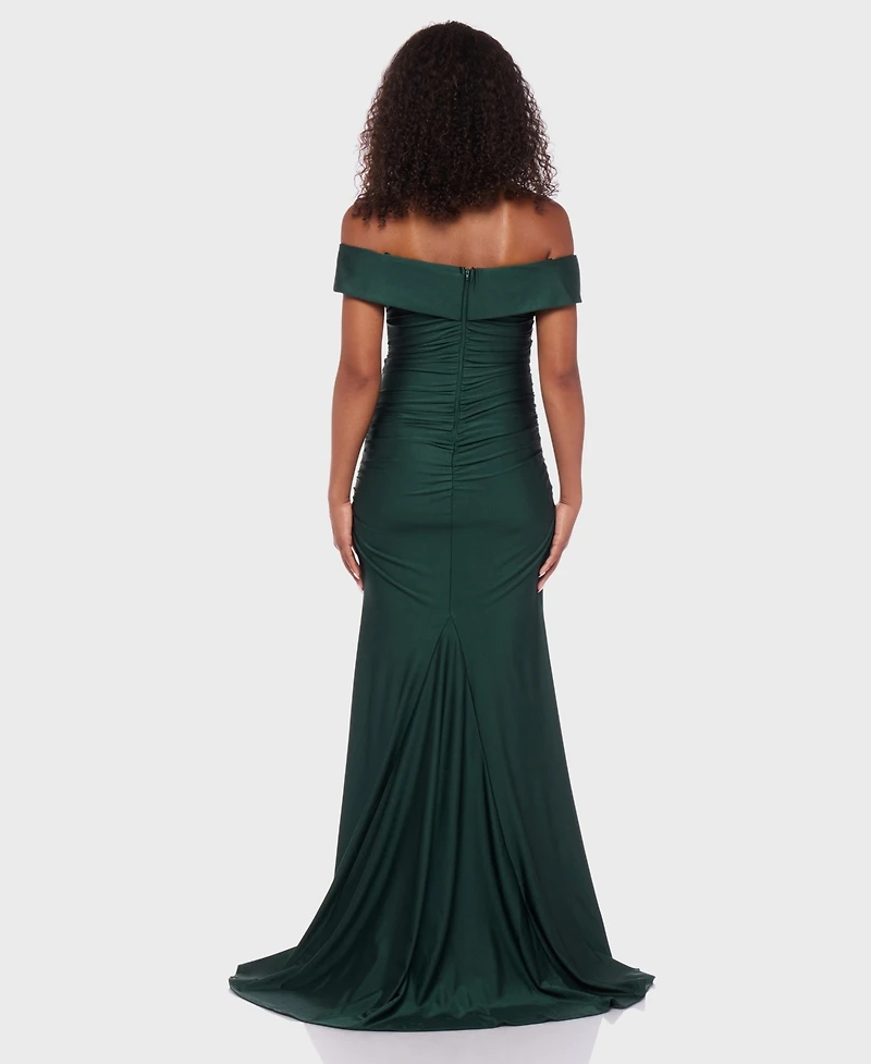 B Darlin Juniors' Shiny Stretch Off-The-Shoulder Maxi Dress