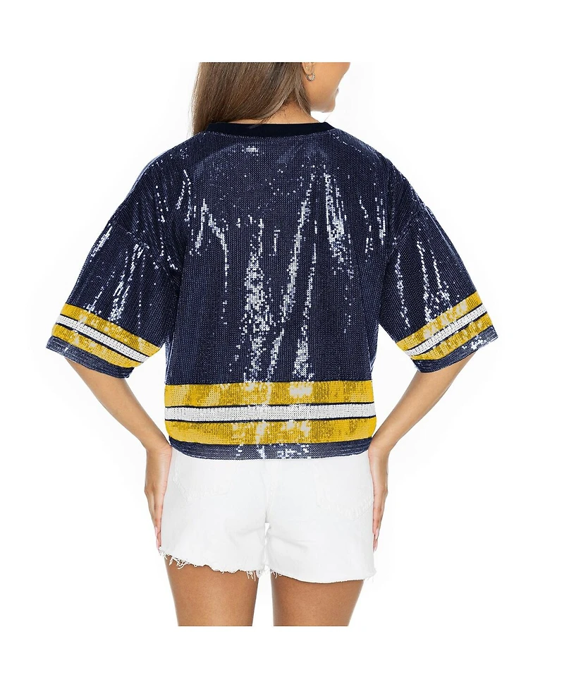 Gameday Couture Women's Navy Michigan Wolverines Sequin Striped Cropped Fashion Jersey T-Shirt