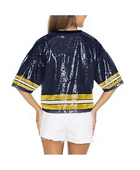 Gameday Couture Women's Navy Michigan Wolverines Sequin Striped Cropped Fashion Jersey T-Shirt