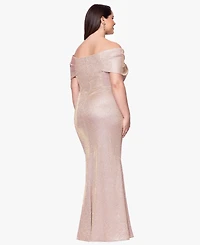 Betsy & Adam Plus Off-The-Shoulder Long Sheath Dress
