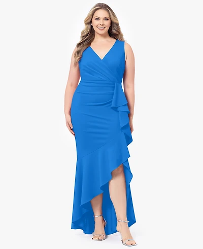 Betsy & Adam Plus Sleeveless Ruffled High-Low Gown