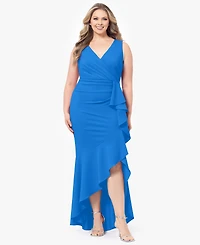 Betsy & Adam Plus Sleeveless Ruffled High-Low Gown