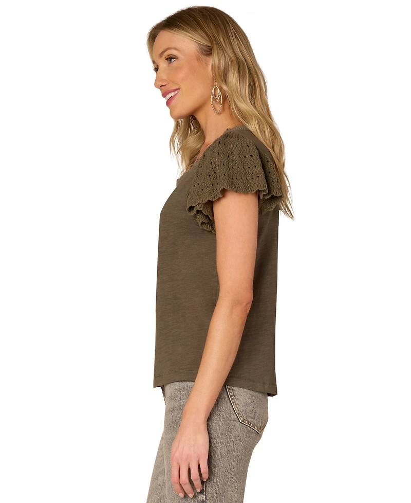 Democracy Petite Crochet-Trim Flutter-Sleeve Knit Top