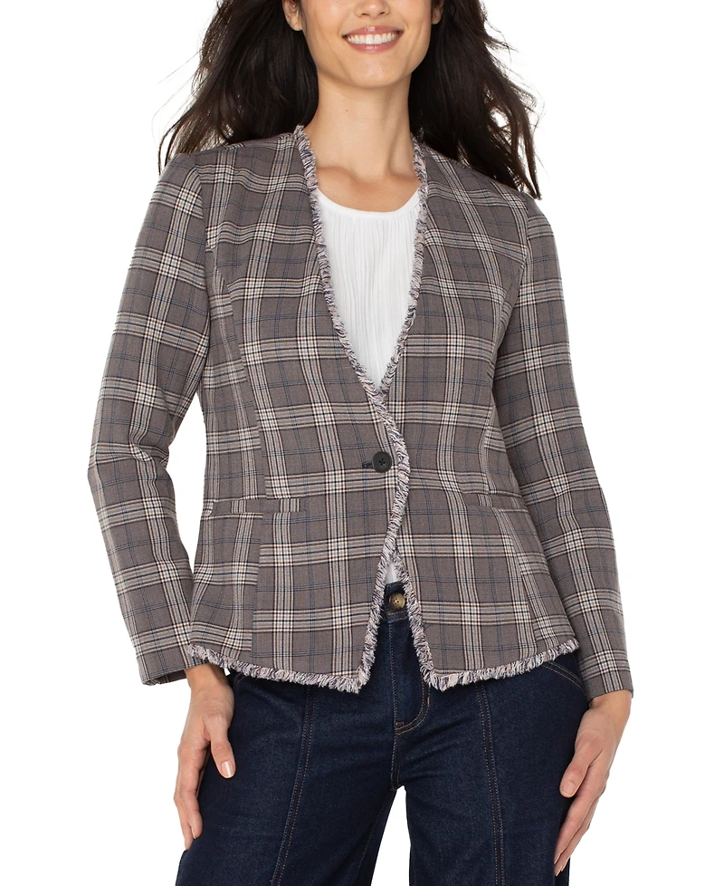 Liverpool Los Angeles Petite Frayed-Trim Plaid Blazer