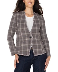 Liverpool Los Angeles Petite Frayed-Trim Plaid Blazer