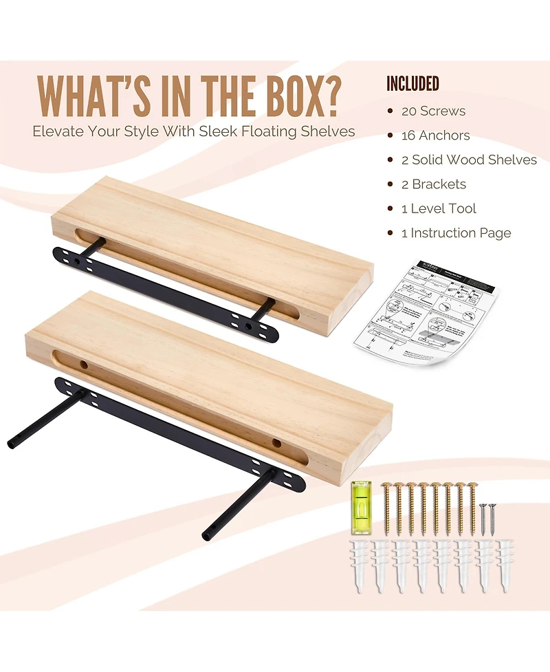 Sorbus 2 Pack 16" Solid Wood Floating Shelves - for Bathroom Decor, Books, Bedroom & Living Room
