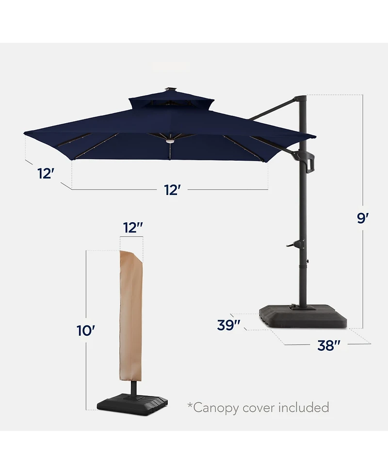 Best Choice Products 12x12ft 2-Tier Square Outdoor Solar Led Cantilever Umbrella w/ 360-Rotating Base –